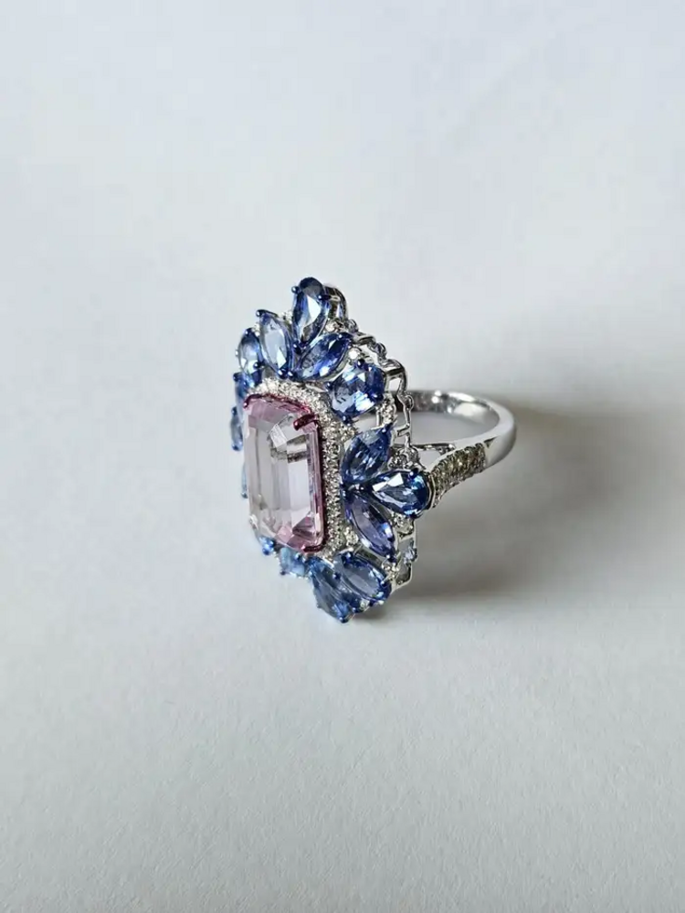 Natural Kunzite & Blue Sapphire Cocktail Ring - 18k White Gold Diamond Ring