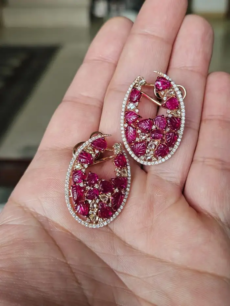 Carved Mozambique Ruby Hoop Earrings - 18k Rose Gold Diamond Earrings