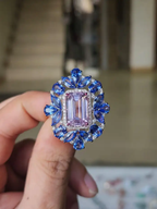 Natural Kunzite & Blue Sapphire Cocktail Ring - 18k White Gold Diamond Ring