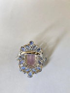Natural Kunzite & Blue Sapphire Cocktail Ring - 18k White Gold Diamond Ring
