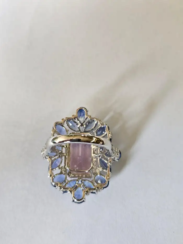 Natural Kunzite & Blue Sapphire Cocktail Ring - 18k White Gold Diamond Ring