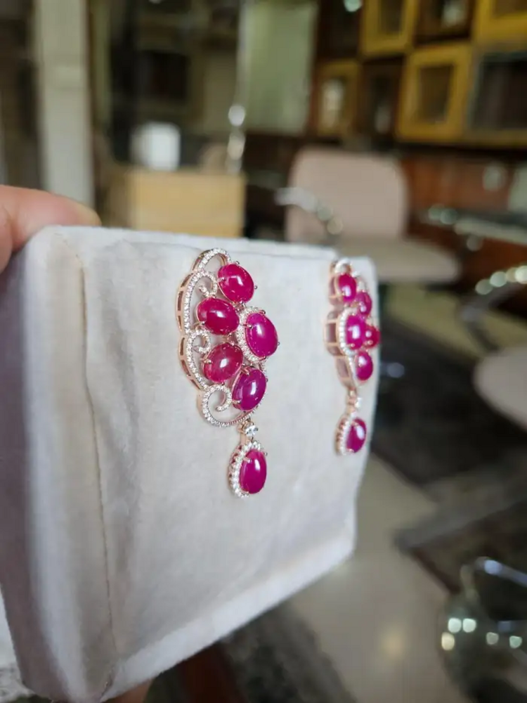 Natural Ruby Diamond Earrings - 18k Rose Gold Dangle Handmade Earrings
