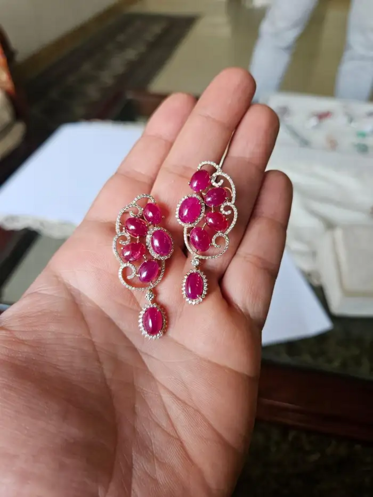 Natural Ruby Diamond Earrings - 18k Rose Gold Dangle Handmade Earrings
