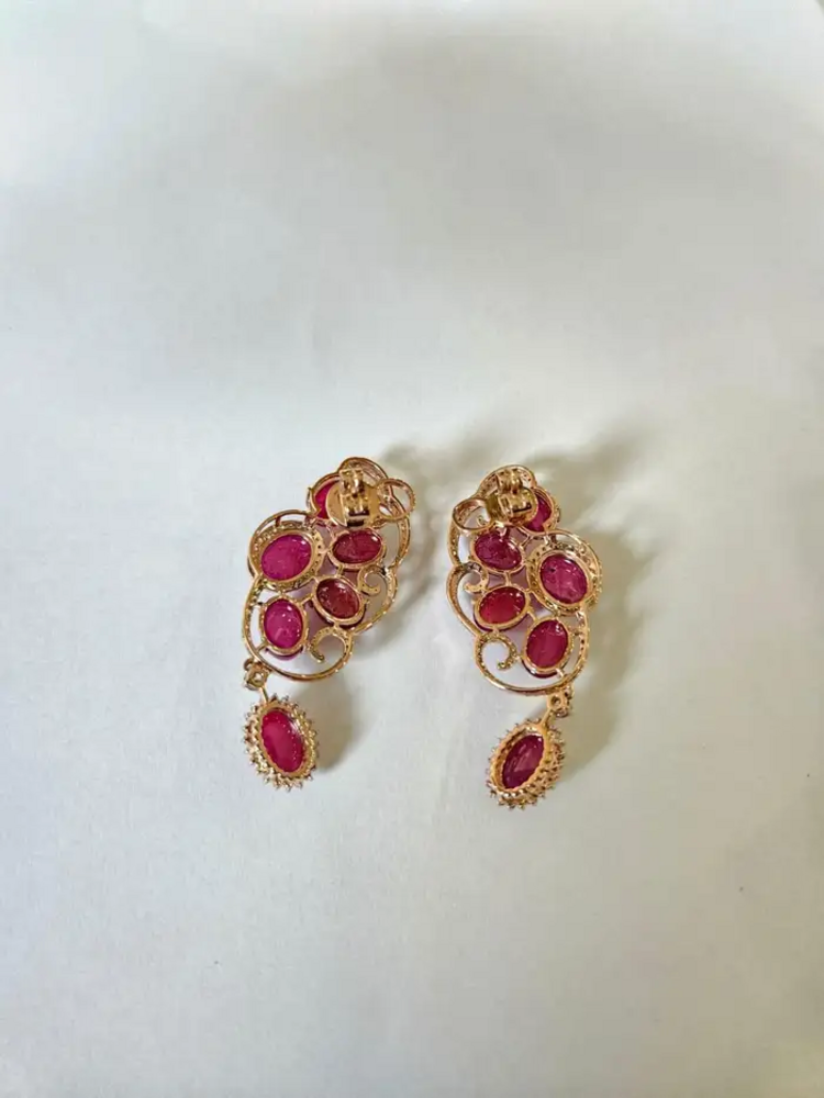 Natural Ruby Diamond Earrings - 18k Rose Gold Dangle Handmade Earrings