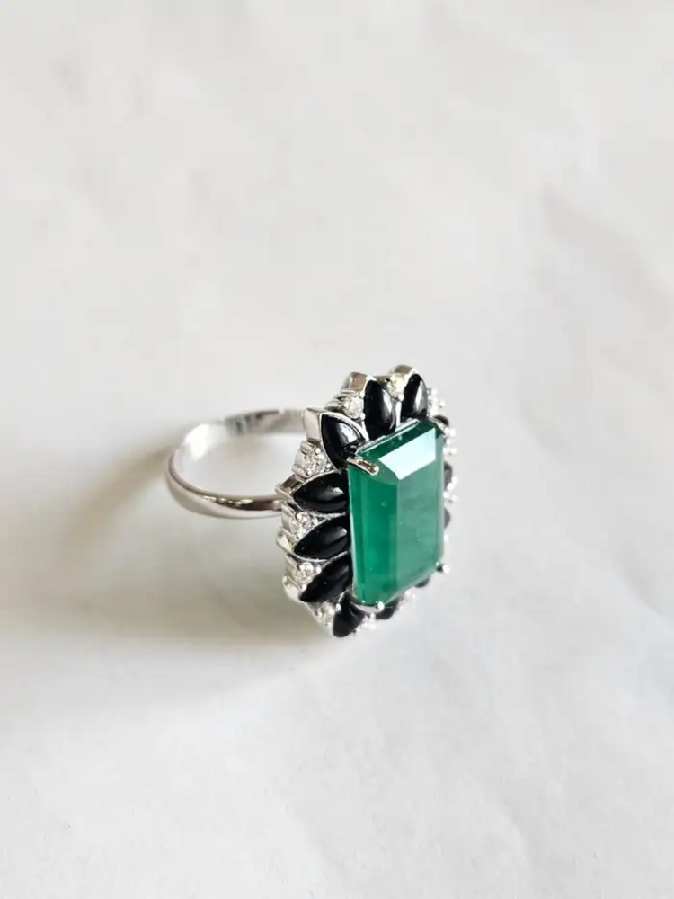 8.25 Ct. Zambian Emerald & Black Onyx Statement Ring - 18k White Gold Diamond Ring