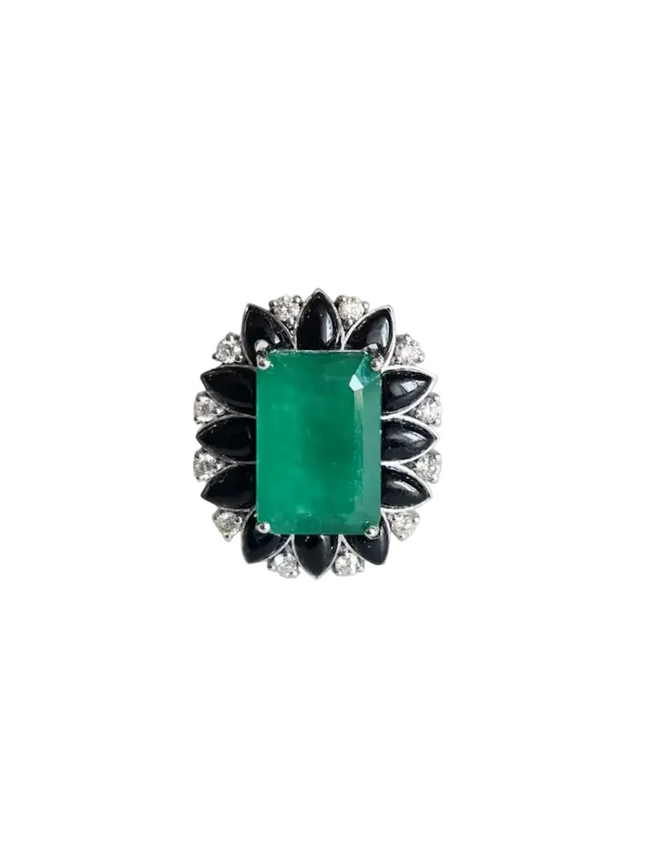 8.25 Ct. Zambian Emerald & Black Onyx Statement Ring - 18k White Gold Diamond Ring Hover Image