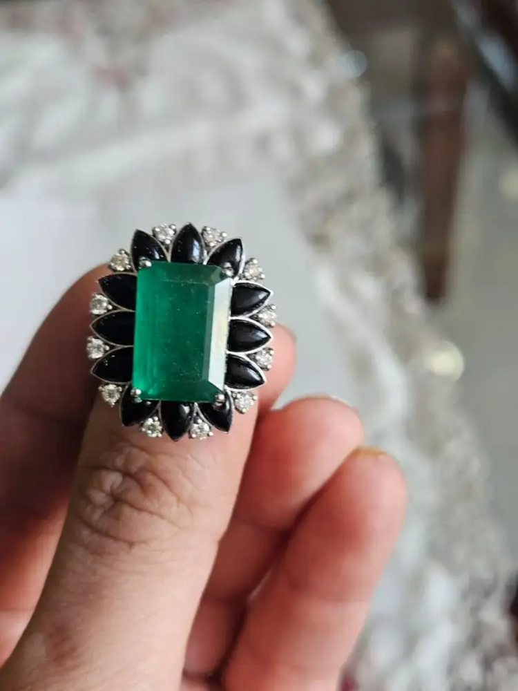 8.25 Ct. Zambian Emerald & Black Onyx Statement Ring - 18k White Gold Diamond Ring