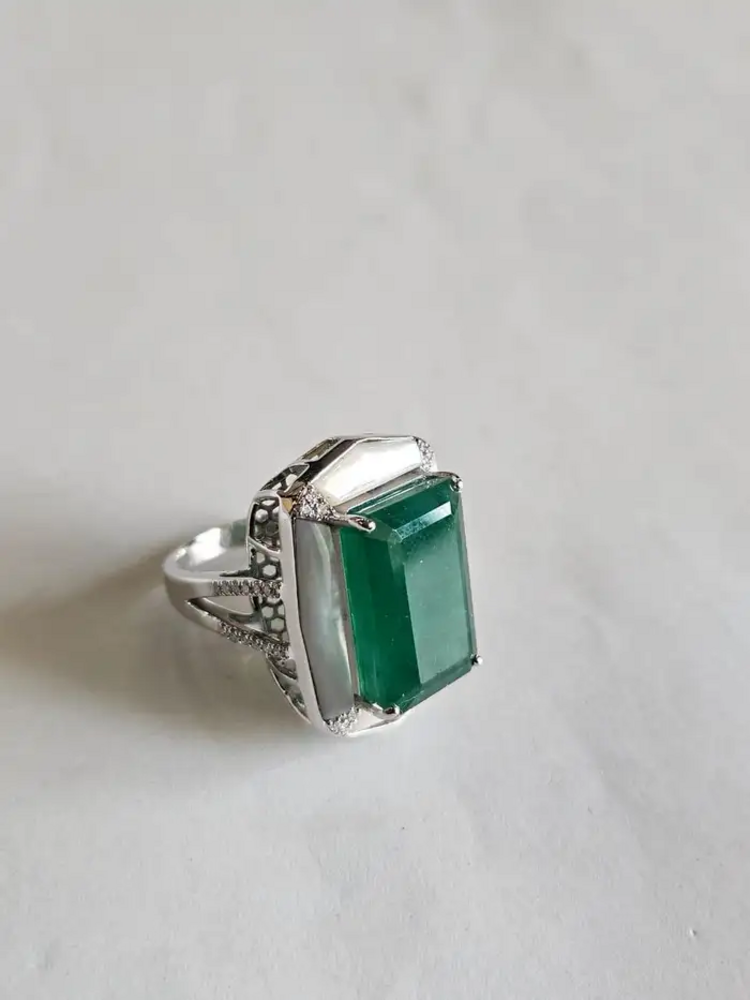 18k White Gold Diamond Ring - Natural Zambian Emerald & Mother Of Pearl Ring