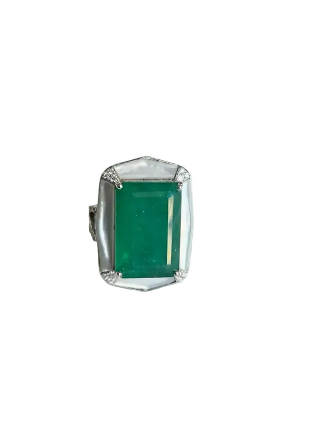 18k White Gold Diamond Ring - Natural Zambian Emerald & Mother Of Pearl Ring Hover Image