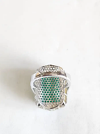 18k White Gold Diamond Ring - Natural Zambian Emerald & Mother Of Pearl Ring