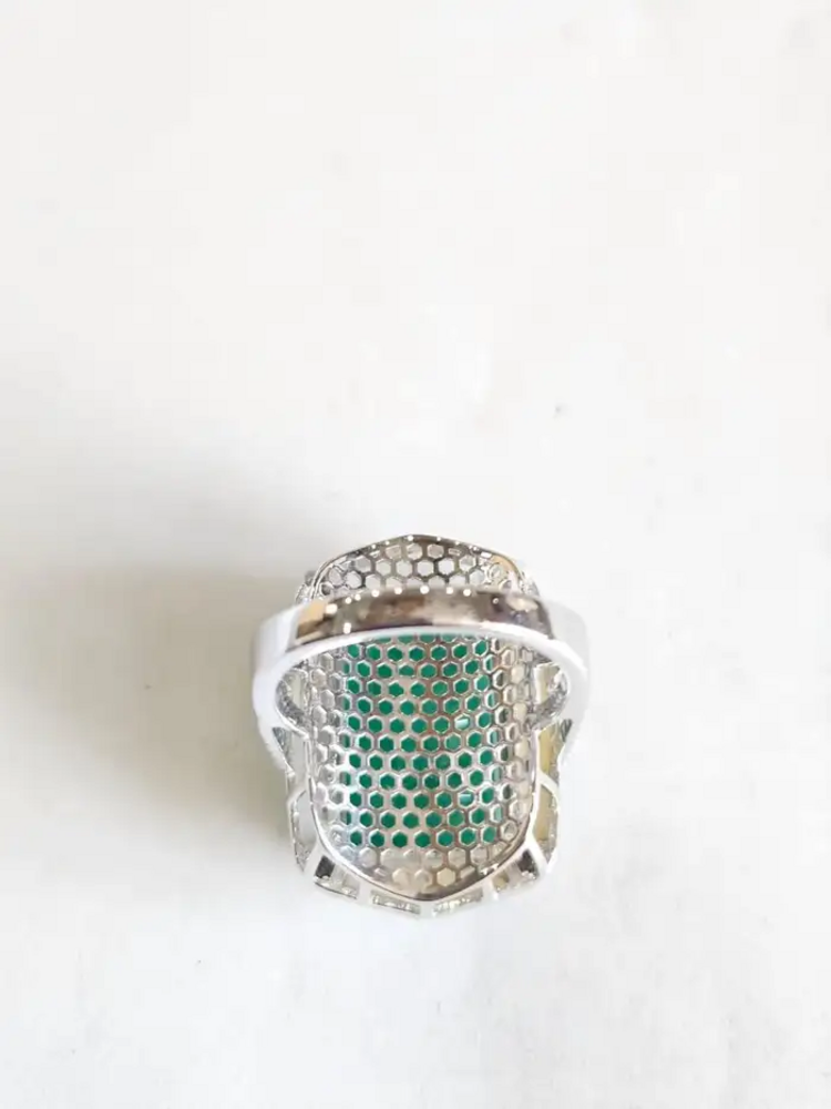 18k White Gold Diamond Ring - Natural Zambian Emerald & Mother Of Pearl Ring