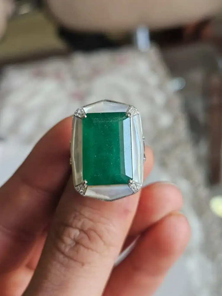 18k White Gold Diamond Ring - Natural Zambian Emerald & Mother Of Pearl Ring