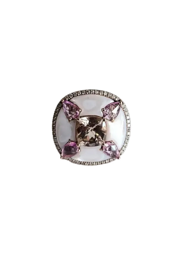 Natural Morganite & Pink Sapphire Cocktail Ring - 18k Rose Gold Diamond Handmade Ring Hover Image