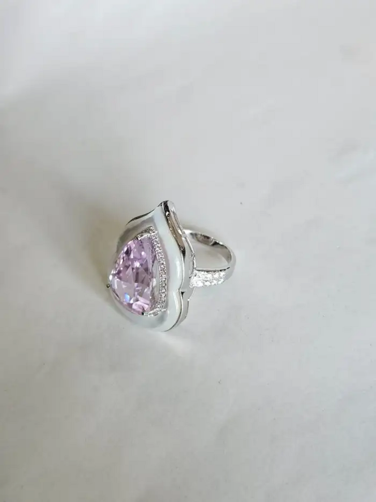 Natural Pink Kunzite & Mother Of Pearl Ring - 18k White Gold Diamond Handmade Ring