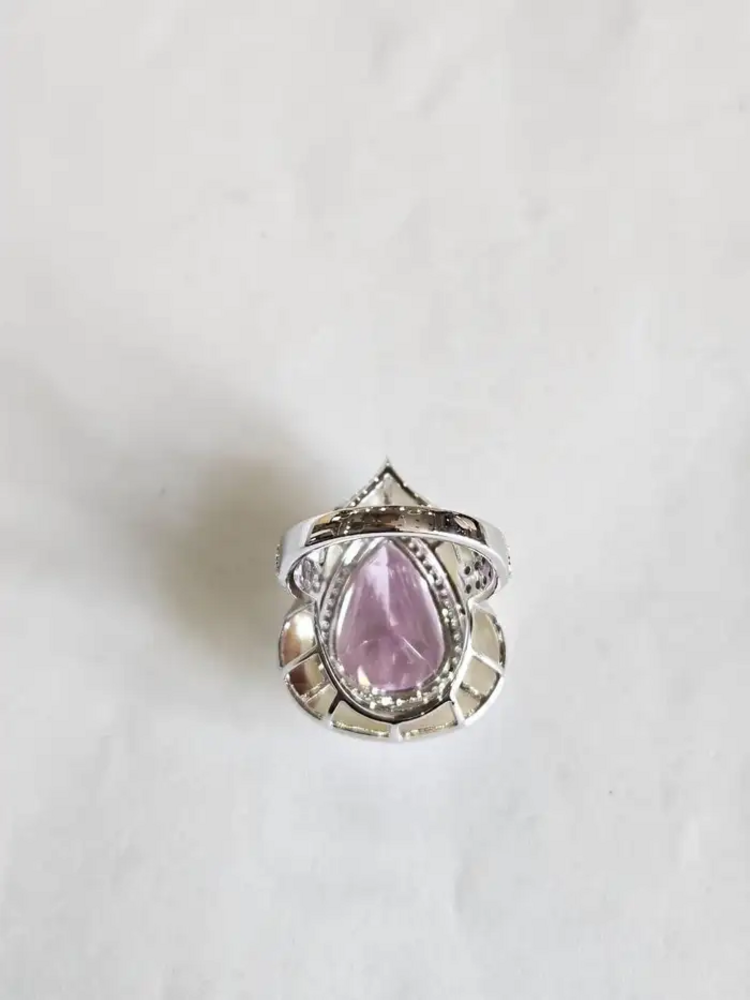 Natural Pink Kunzite & Mother Of Pearl Ring - 18k White Gold Diamond Handmade Ring