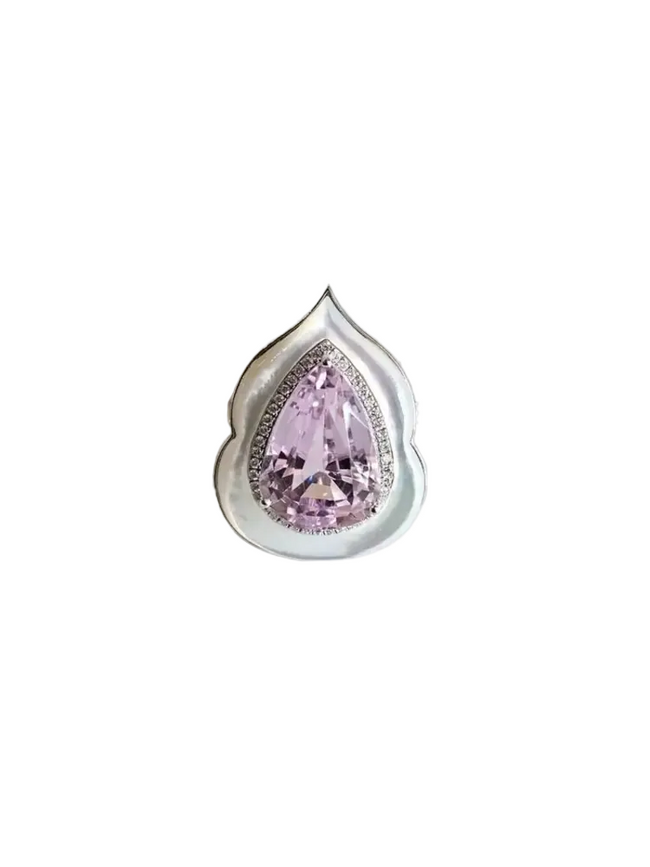 Natural Pink Kunzite & Mother Of Pearl Ring - 18k White Gold Diamond Handmade Ring Hover Image