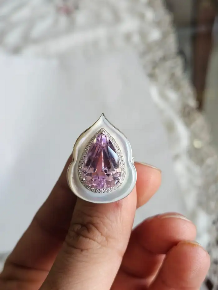 Natural Pink Kunzite & Mother Of Pearl Ring - 18k White Gold Diamond Handmade Ring