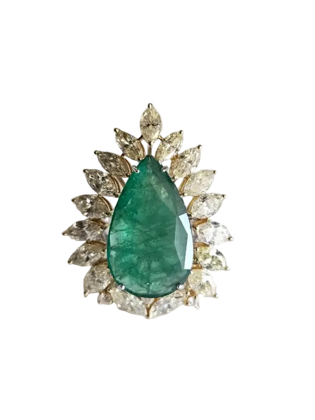 18k White Gold Diamond Handmade Ring - Natural Zambian Emerald Statement Ring Hover Image