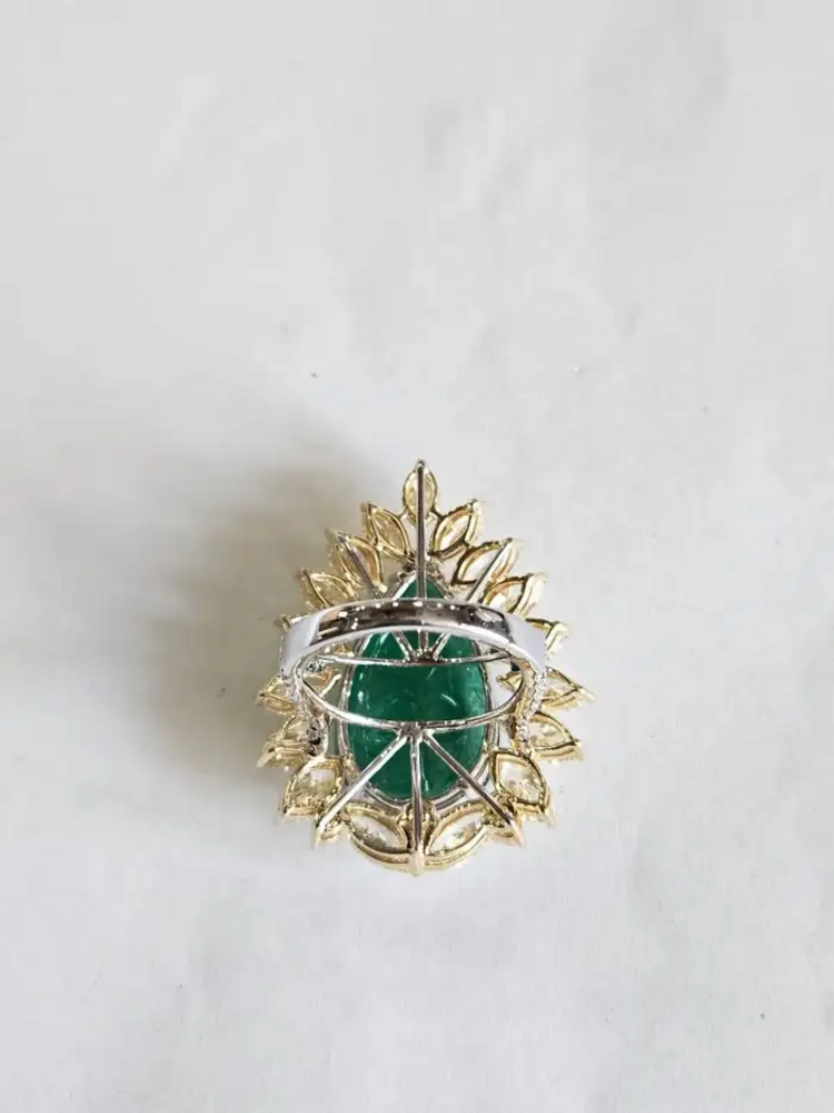 18k White Gold Diamond Handmade Ring - Natural Zambian Emerald Statement Ring