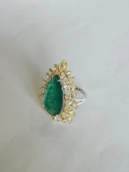 18k White Gold Diamond Handmade Ring - Natural Zambian Emerald Statement Ring