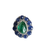 Natural Zambian Emerald & Blue Sapphire Cocktail Ring - 18k White Gold Diamond Ring
