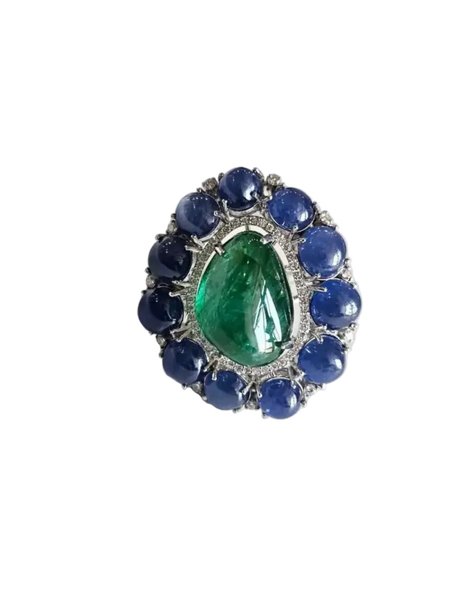Natural Zambian Emerald & Blue Sapphire Cocktail Ring - 18k White Gold Diamond Ring Hover Image