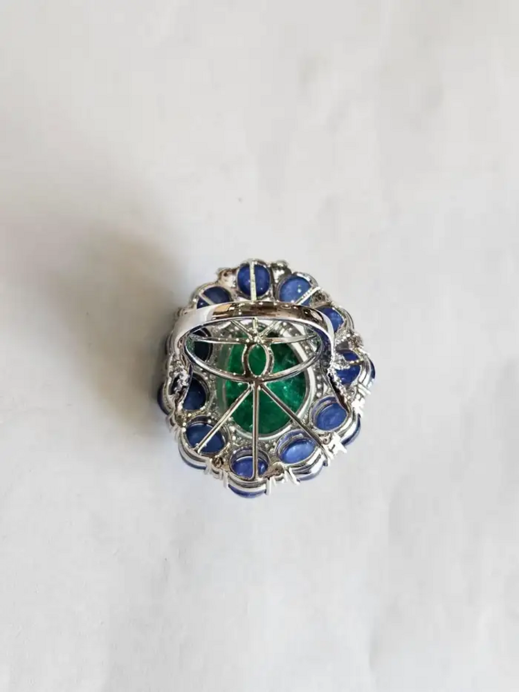 Natural Zambian Emerald & Blue Sapphire Cocktail Ring - 18k White Gold Diamond Ring