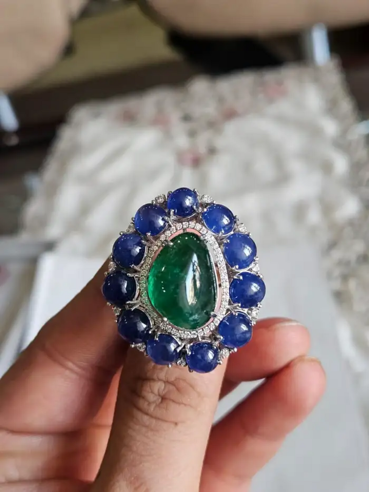 Natural Zambian Emerald & Blue Sapphire Cocktail Ring - 18k White Gold Diamond Ring