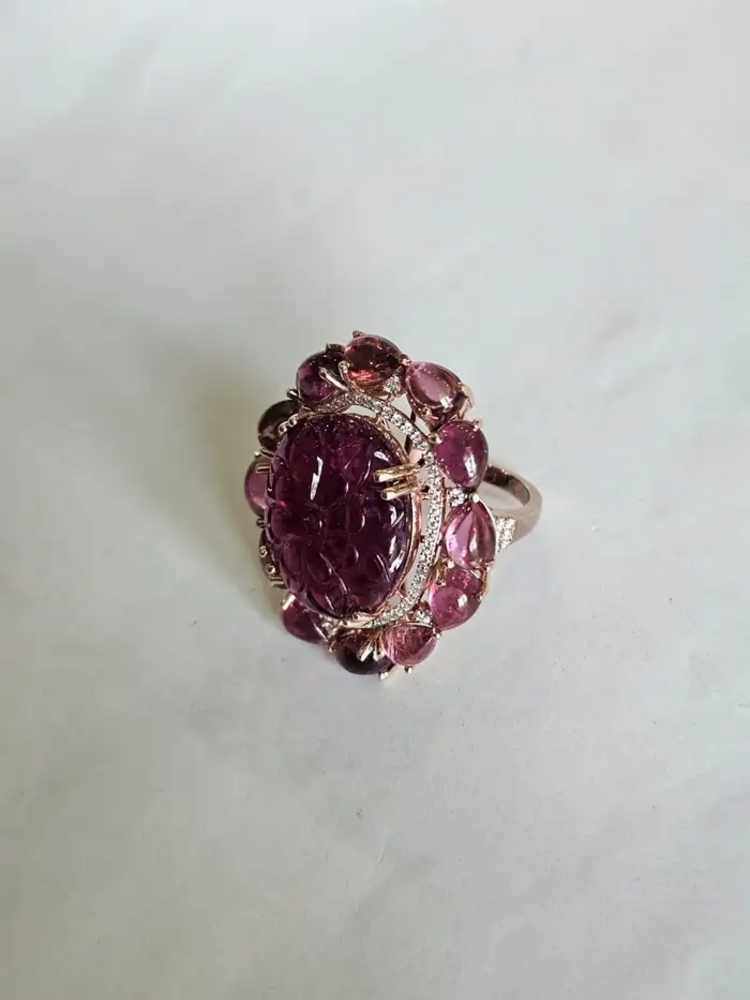 Hand Carved Tourmaline & Natural Diamond Cocktail Ring - 18k Rose Gold Ring