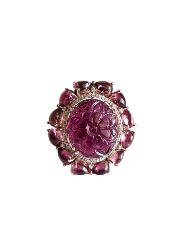 Hand Carved Tourmaline & Natural Diamond Cocktail Ring - 18k Rose Gold Ring Hover Image