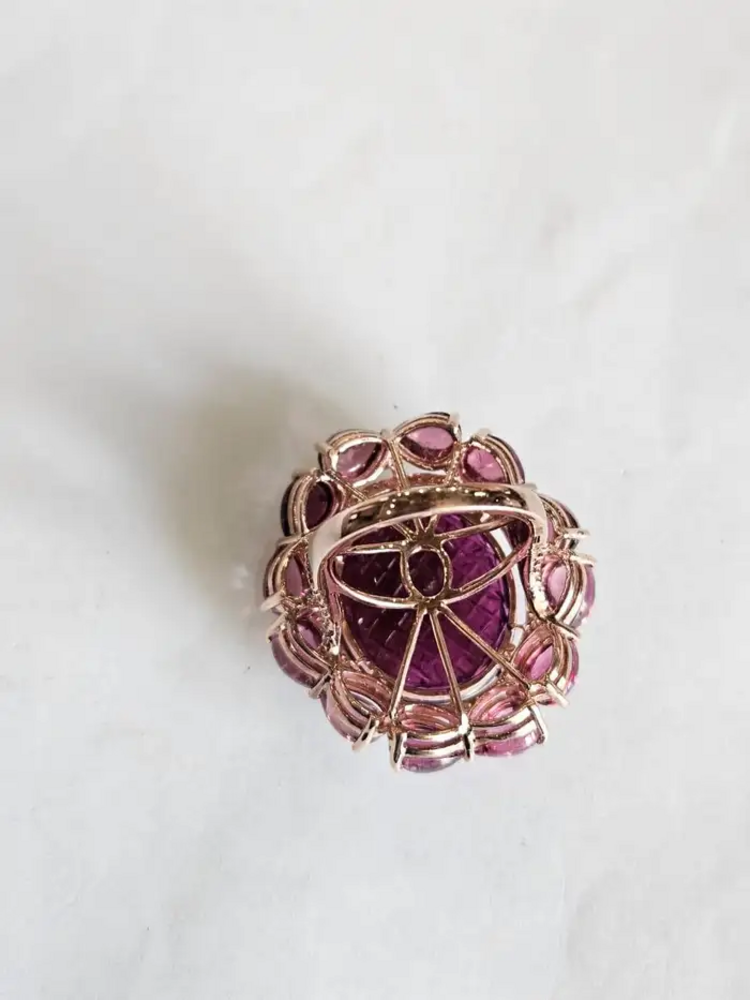 Hand Carved Tourmaline & Natural Diamond Cocktail Ring - 18k Rose Gold Ring