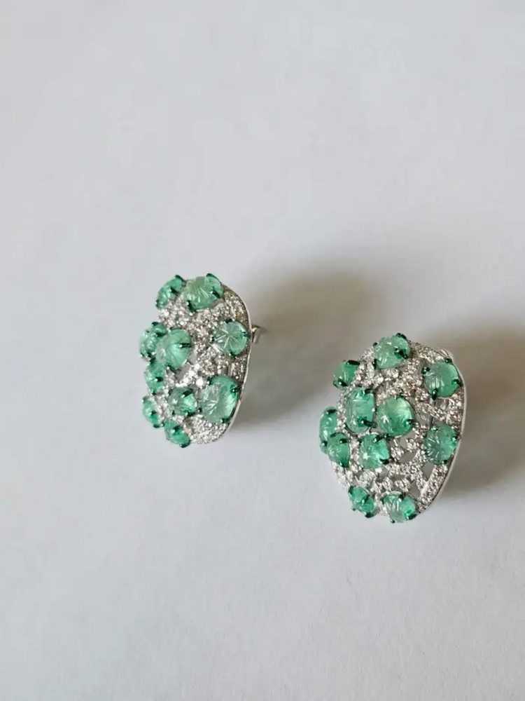 18k White Gold Diamond Stud Earrings - Natural Colombian Emerald Stud Earrings