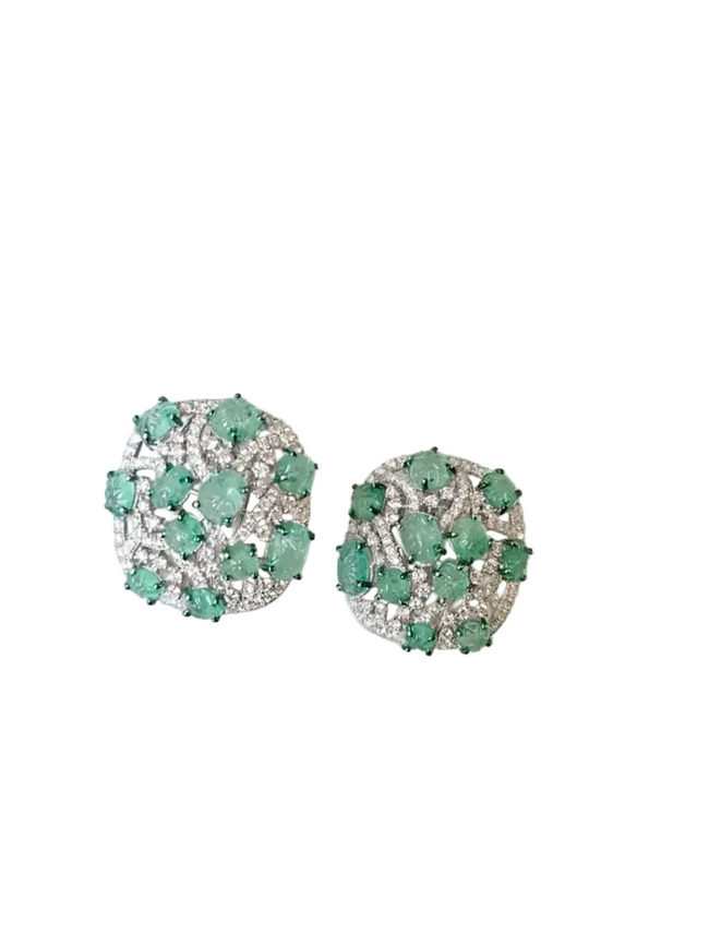 18k White Gold Diamond Stud Earrings - Natural Colombian Emerald Stud Earrings Hover Image