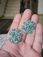 18k White Gold Diamond Stud Earrings - Natural Colombian Emerald Stud Earrings