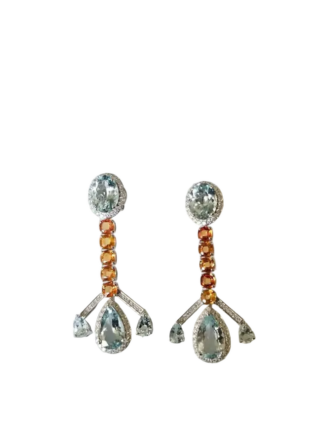 18k White Gold Diamond Handmade Earrings - Natural Aquamarine & Yellow Sapphire Dangle Earrings Hover Image