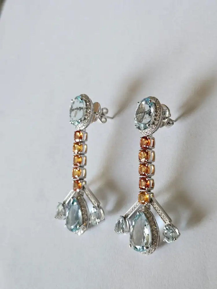 18k White Gold Diamond Handmade Earrings - Natural Aquamarine & Yellow Sapphire Dangle Earrings