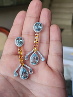 18k White Gold Diamond Handmade Earrings - Natural Aquamarine & Yellow Sapphire Dangle Earrings