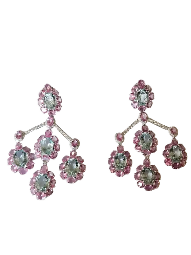 Natural Aquamarine & Pink Sapphire Dangle Earrings - 18k White Gold Diamond Chandelier Earrings Hover Image