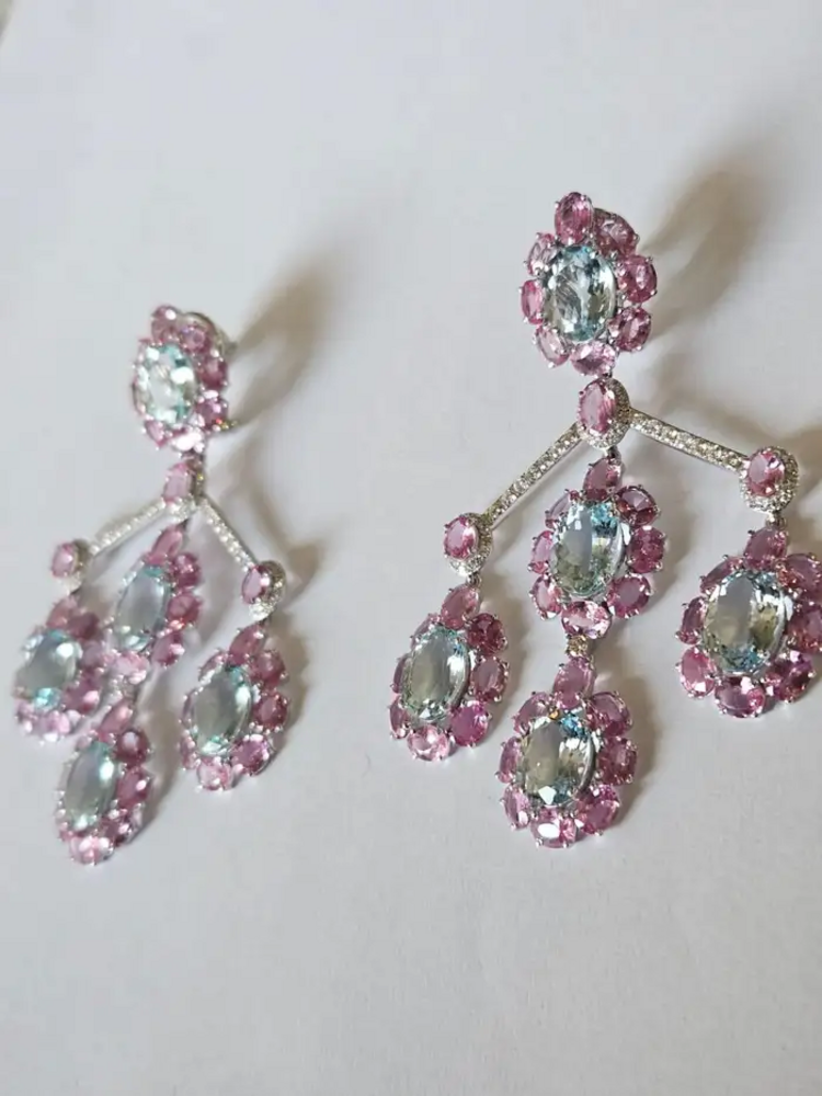 Natural Aquamarine & Pink Sapphire Dangle Earrings - 18k White Gold Diamond Chandelier Earrings