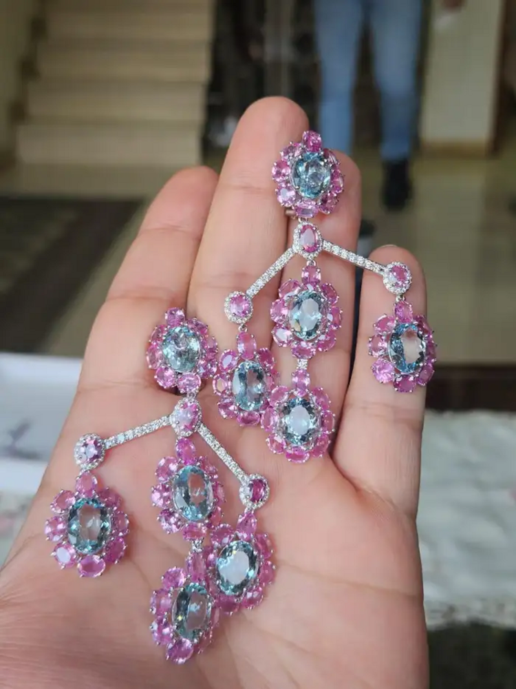 Natural Aquamarine & Pink Sapphire Dangle Earrings - 18k White Gold Diamond Chandelier Earrings