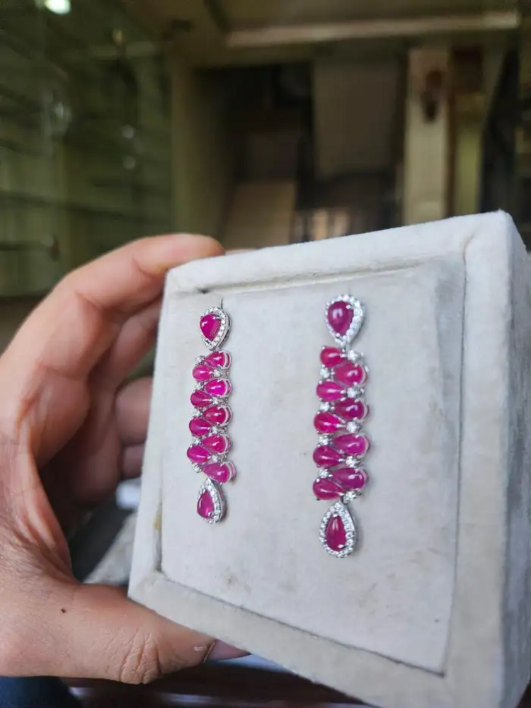 18k White Gold Diamond Dangle Earrings - Natural Mozambique Ruby Dangle Earrings