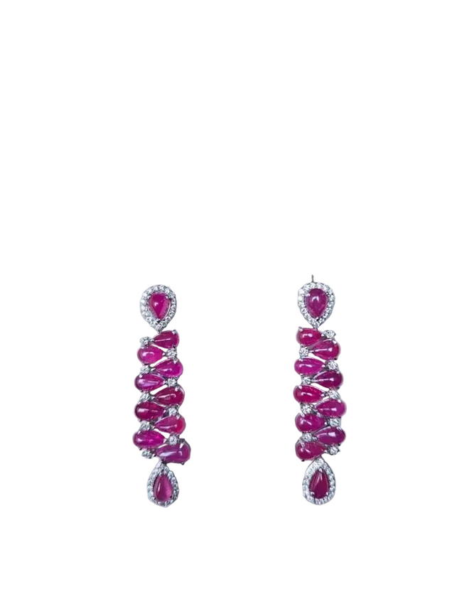 18k White Gold Diamond Dangle Earrings - Natural Mozambique Ruby Dangle Earrings Hover Image