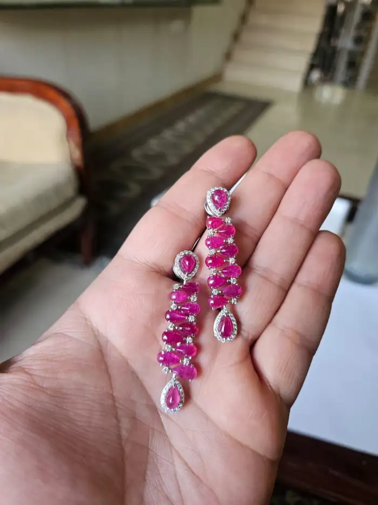18k White Gold Diamond Dangle Earrings - Natural Mozambique Ruby Dangle Earrings