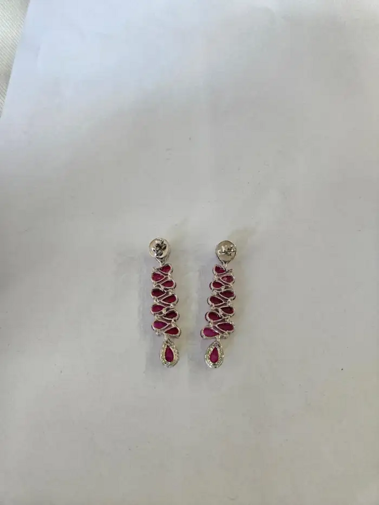 18k White Gold Diamond Dangle Earrings - Natural Mozambique Ruby Dangle Earrings