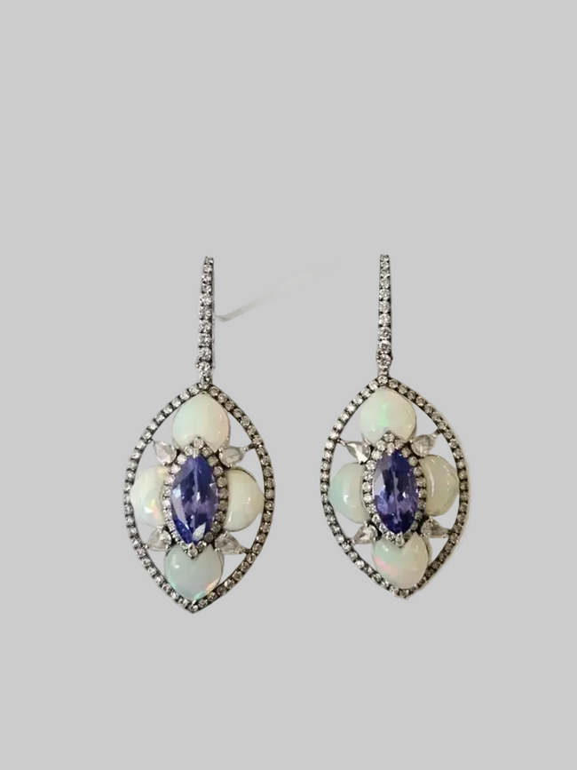 Natural Tanzanite & Ethiopian Opal Earrings - 18k White Gold Diamond Dangle Earrings Hover Image