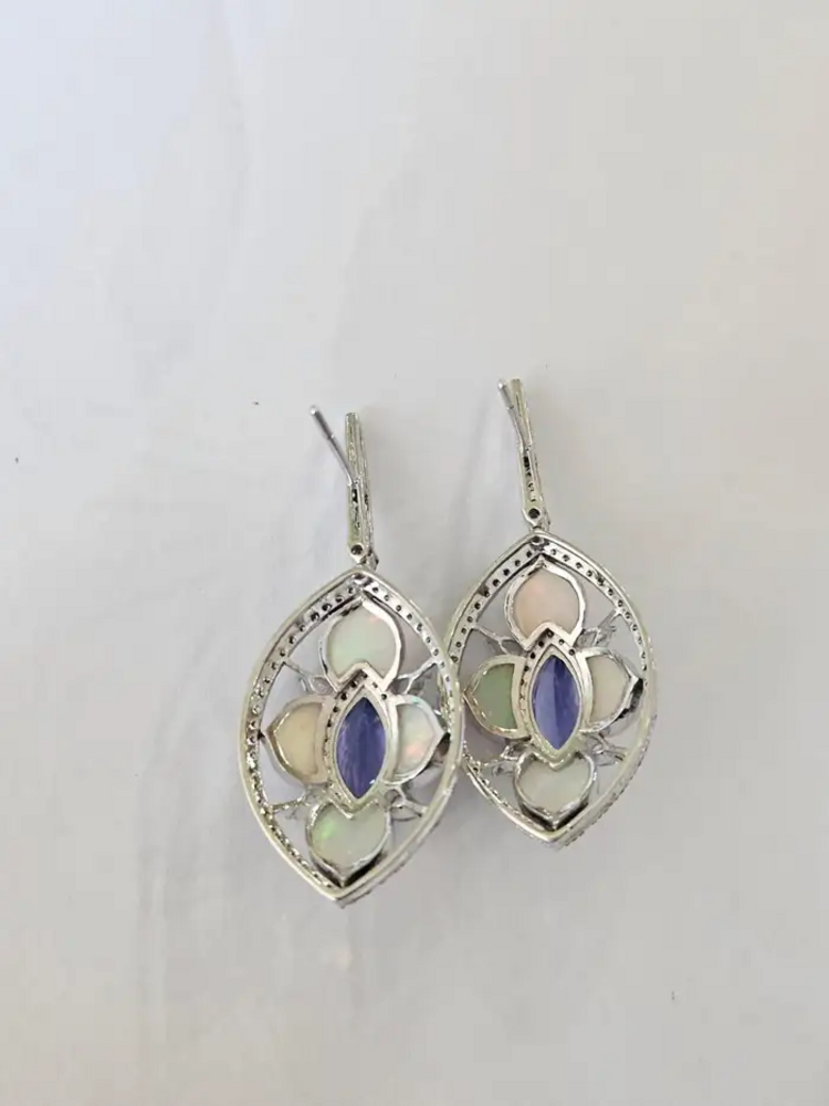Natural Tanzanite & Ethiopian Opal Earrings - 18k White Gold Diamond Dangle Earrings