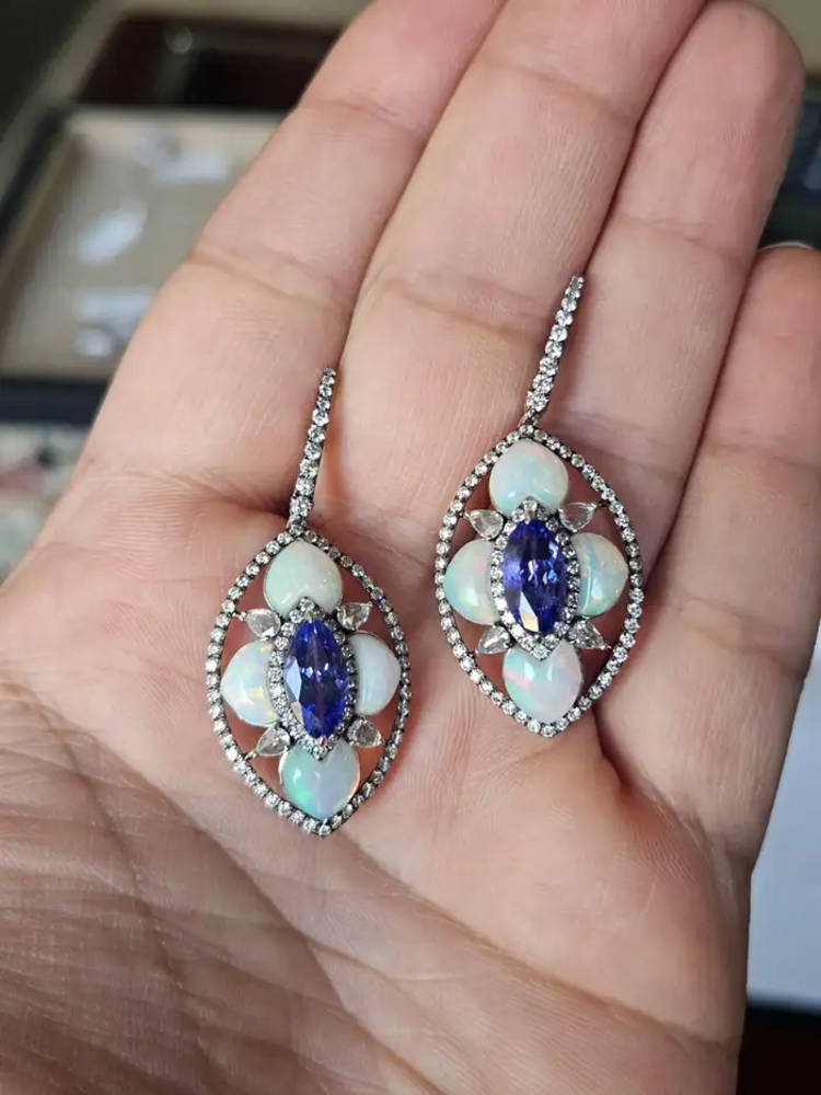 Natural Tanzanite & Ethiopian Opal Earrings - 18k White Gold Diamond Dangle Earrings