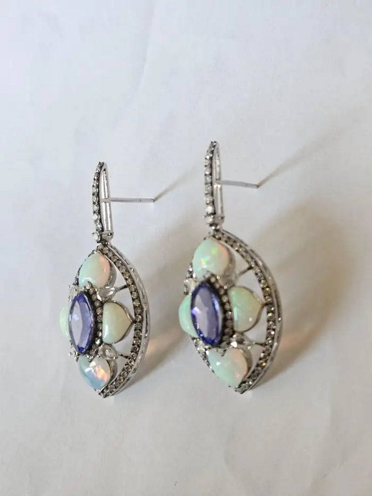 Natural Tanzanite & Ethiopian Opal Earrings - 18k White Gold Diamond Dangle Earrings