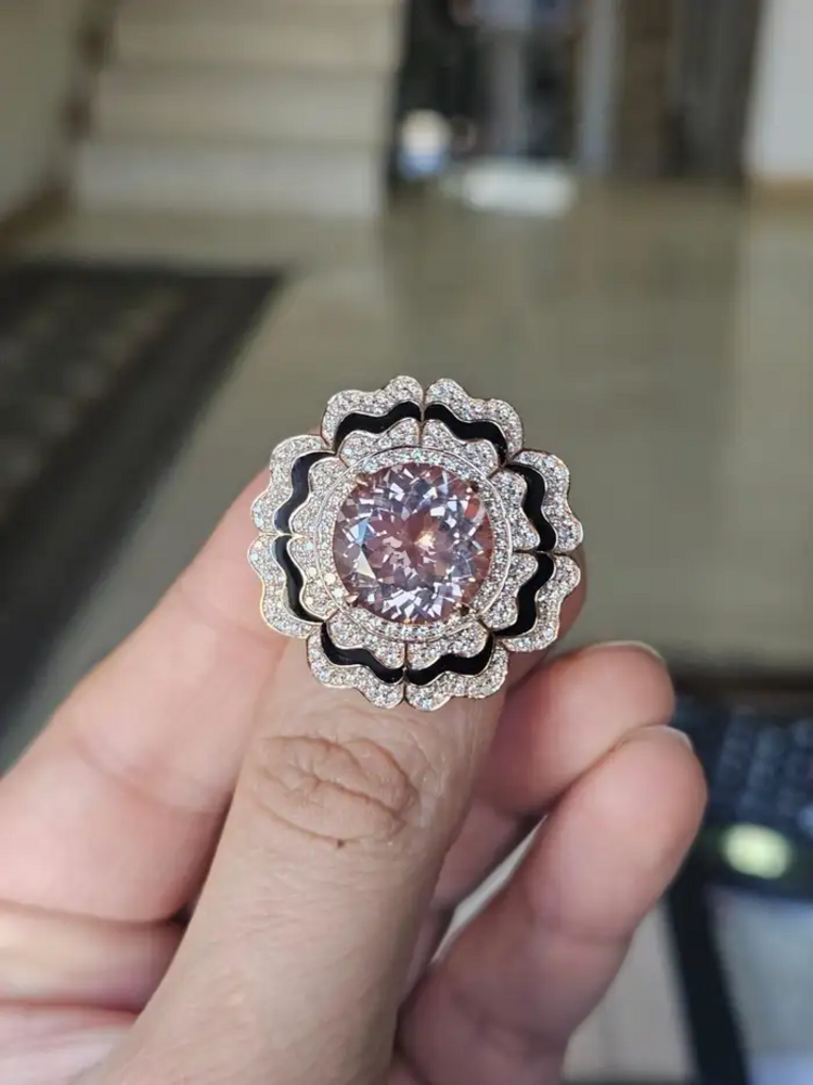 18k Rose Gold Diamond Cocktail Ring - Natural Morganite & Black Enamel Wedding Ring