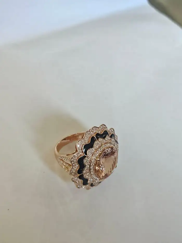 18k Rose Gold Diamond Cocktail Ring - Natural Morganite & Black Enamel Wedding Ring